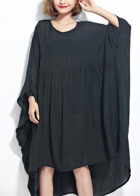 Neue schwarze Chiffon-Kleider, Kleidung in Übergröße, Leinen-Maxikleid, feine Kleidung mit Fledermausärmeln und hoher Taille