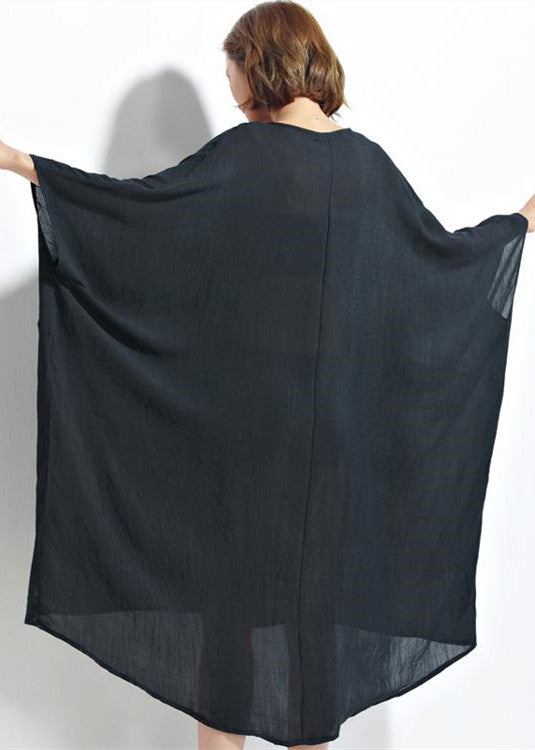 Neue schwarze Chiffon-Kleider, Kleidung in Übergröße, Leinen-Maxikleid, feine Kleidung mit Fledermausärmeln und hoher Taille