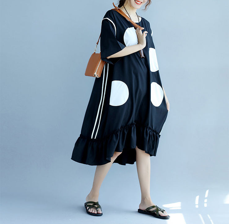 Neue schwarze gepunktete Baumwollkleider plus Größen-Baumwollkleidungskleider Vintage-Rüschensaum Kurzarm-Baumwollkleidungskleid