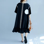 Neue schwarze gepunktete Baumwollkleider plus Größen-Baumwollkleidungskleider Vintage-Rüschensaum Kurzarm-Baumwollkleidungskleid
