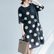 New black dotted cotton linen dresses plus size clothing O neck pockets cotton linen clothing dress 2018 half sleeve patchwork maxi dresses