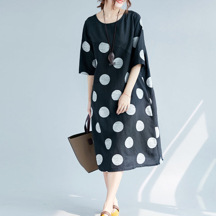 New black dotted cotton linen dresses plus size clothing O neck pockets cotton linen clothing dress 2018 half sleeve patchwork maxi dresses