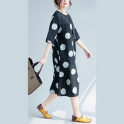 New black dotted cotton linen dresses plus size clothing O neck pockets cotton linen clothing dress 2018 half sleeve patchwork maxi dresses