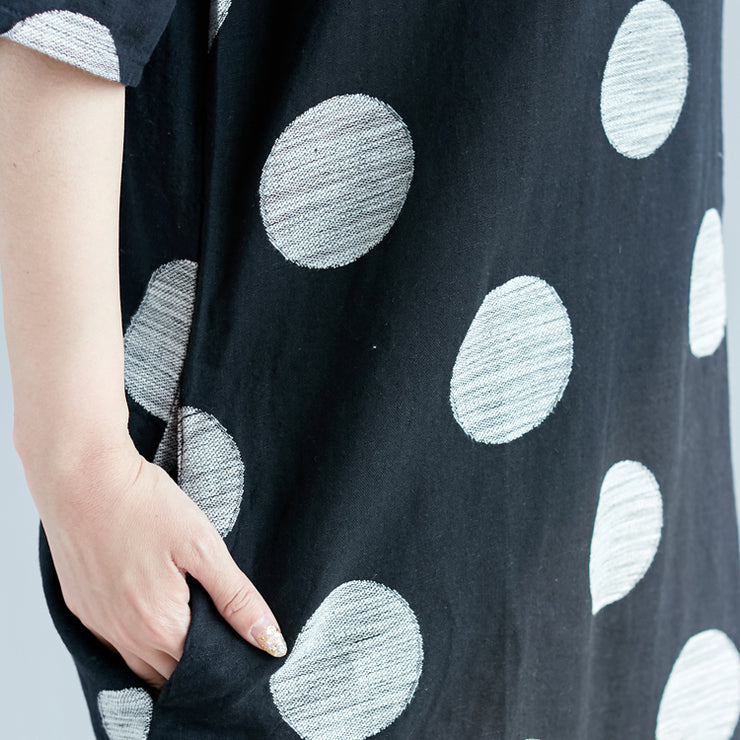 New black dotted cotton linen dresses plus size clothing O neck pockets cotton linen clothing dress 2018 half sleeve patchwork maxi dresses