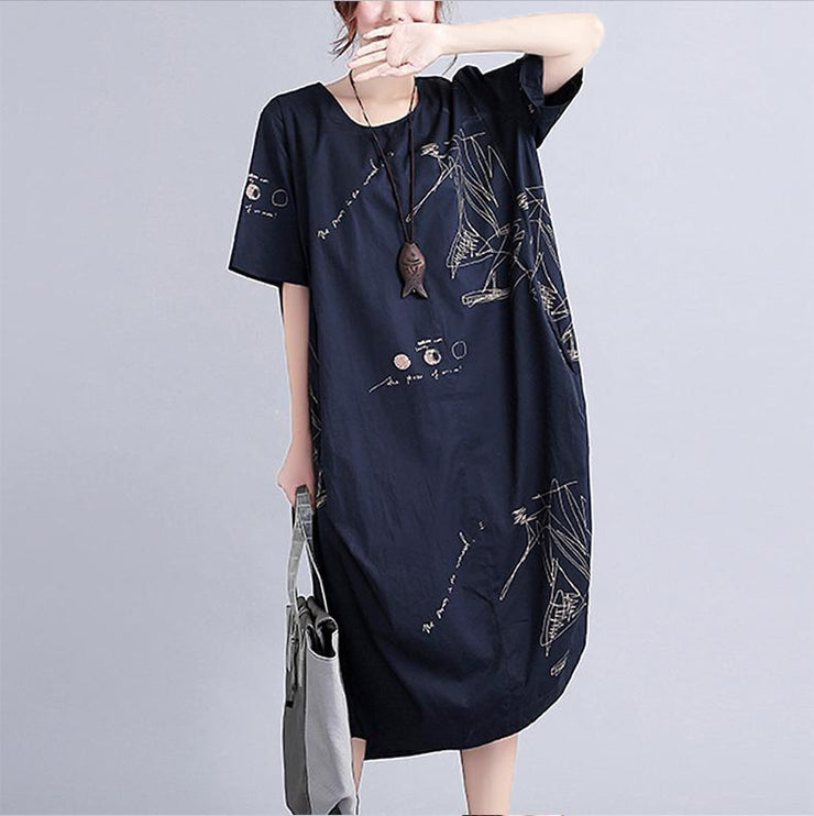 New Black Linen Knee Dress Oversized Linen Clothing Dress 2024 Short Sleeve Prints Linen Cotton Dress