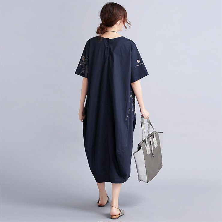 New Black Linen Knee Dress Oversized Linen Clothing Dress 2024 Short Sleeve Prints Linen Cotton Dress