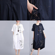 New Black Linen Knee Dress Oversized Linen Clothing Dress 2024 Short Sleeve Prints Linen Cotton Dress