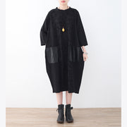 New black natural linen dress oversized patchwork caftans New pockets maxi dresses