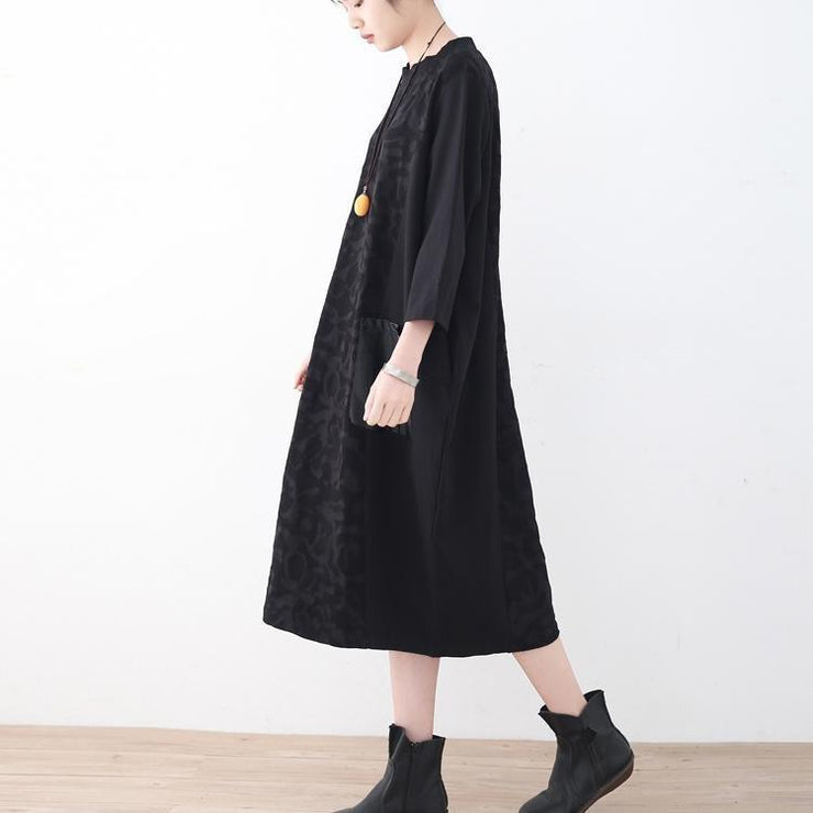 New black natural linen dress oversized patchwork caftans New pockets maxi dresses