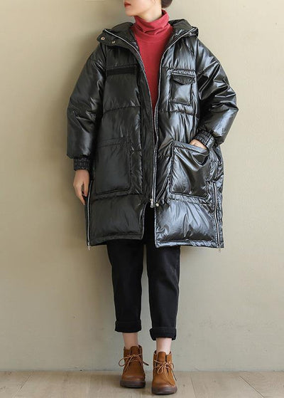 New black overcoat oversize snow jackets hooded zippered coats - bagstylebliss