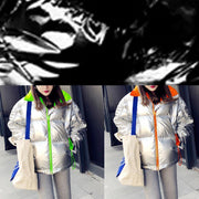 New black patchwork down coat winter Loose fitting snow jackets stand collar zippered New overcoat - bagstylebliss