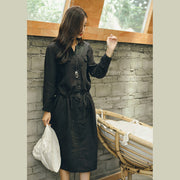 New black plus size linen dress tie waist women v neck clothing dress