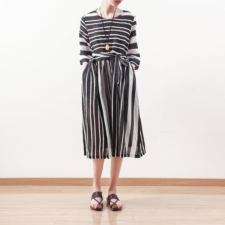 New black white striped natural linen dress Loose fitting tie waist traveling clothing Elegant bracelet sleeved gown