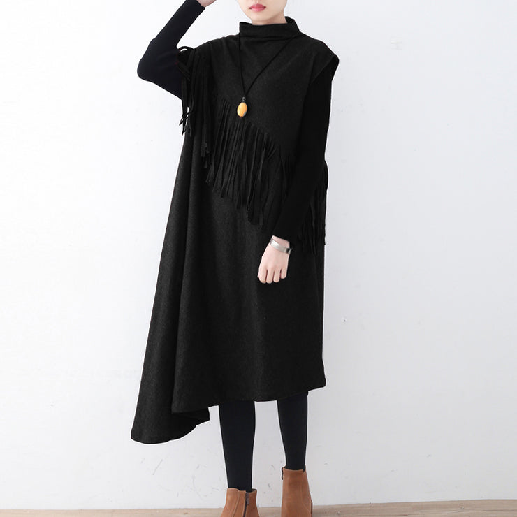 New black wool dress casual tassel winter dress Elegant asymmetric hem winter dress