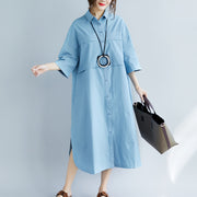 New blue cotton dresses plus size Turn-down Collar pockets side open New Three Quarter sleeve cotton dresses