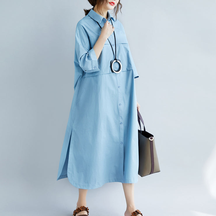 New blue cotton dresses plus size Turn-down Collar pockets side open New Three Quarter sleeve cotton dresses