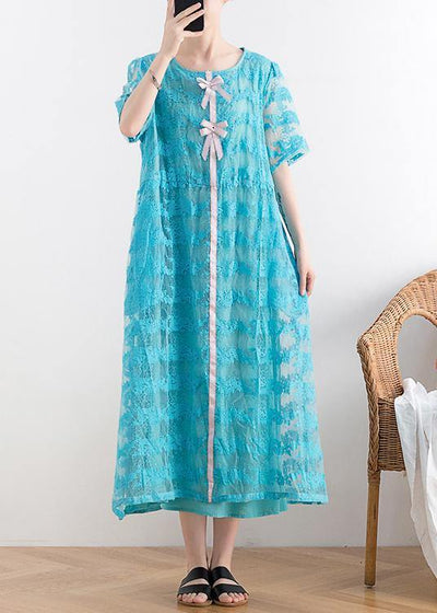 New blue lace embroidery organza heavy industry retro exquisite loose dress - bagstylebliss