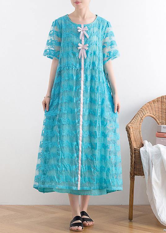 New blue lace embroidery organza heavy industry retro exquisite loose dress - bagstylebliss