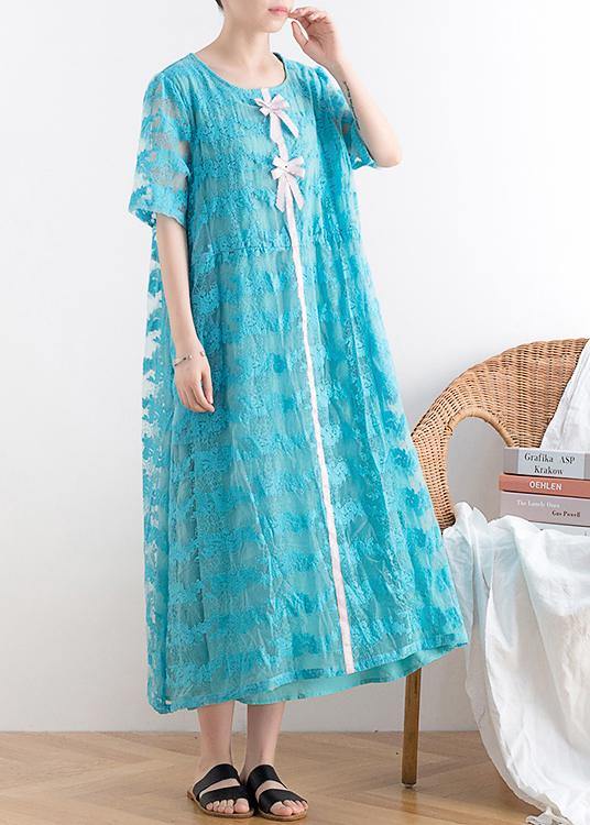 New blue lace embroidery organza heavy industry retro exquisite loose dress - bagstylebliss