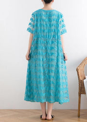 New blue lace embroidery organza heavy industry retro exquisite loose dress - bagstylebliss