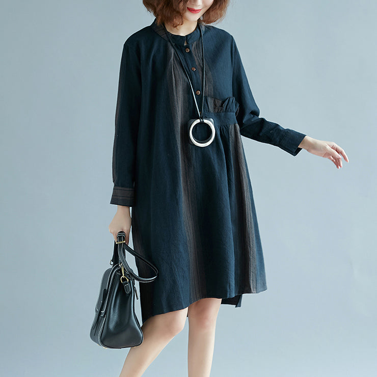 New blue striped cotton linen dress trendy plus size casual long sleeve baggy dresses Stand side open linen cotton dress