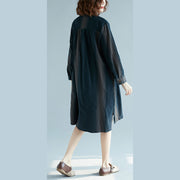 New blue striped cotton linen dress trendy plus size casual long sleeve baggy dresses Stand side open linen cotton dress