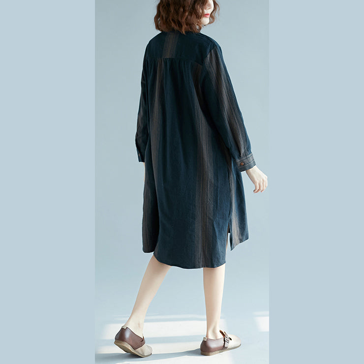 New blue striped cotton linen dress trendy plus size casual long sleeve baggy dresses Stand side open linen cotton dress