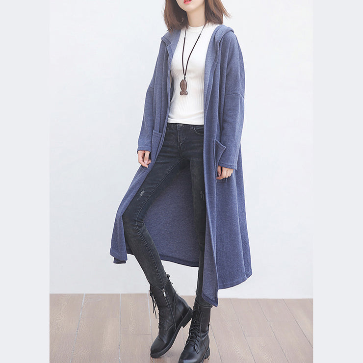 Neuer blauer Wollmantel plus Größenkleidung Trenchcoat mit großen Taschen und Kapuzenoberbekleidung