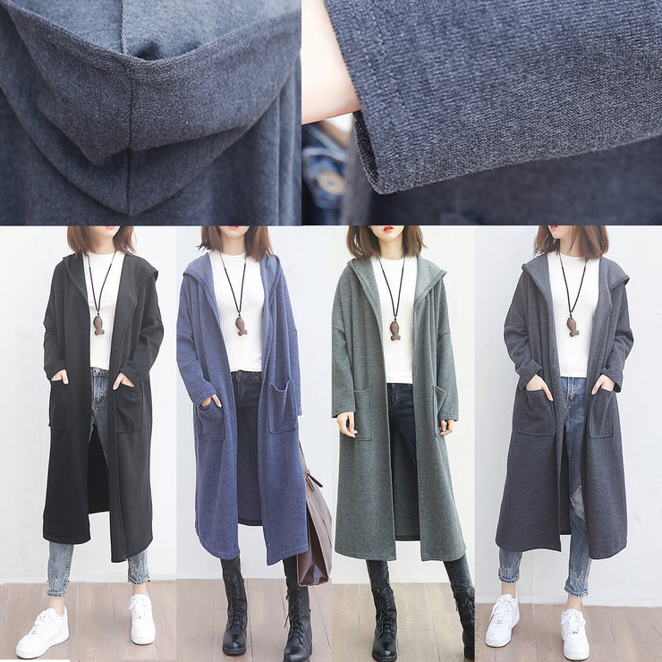 Neuer blauer Wollmantel plus Größenkleidung Trenchcoat mit großen Taschen und Kapuzenoberbekleidung