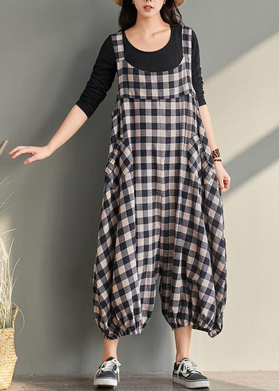 New cage pants casual plaid jumpsuit cotton and linen overalls women - bagstylebliss