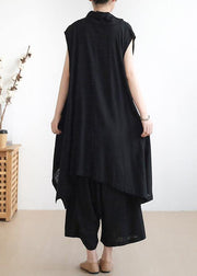 New casual ladies black vest with cotton wide-leg pants two-piece suit - bagstylebliss