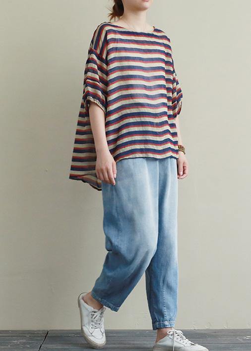 New casual suit female loose large size red and blue striped T-shirt Tencel blue jeans two-piece suit - bagstylebliss