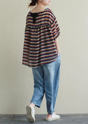 New casual suit female loose large size red and blue striped T-shirt Tencel blue jeans two-piece suit - bagstylebliss