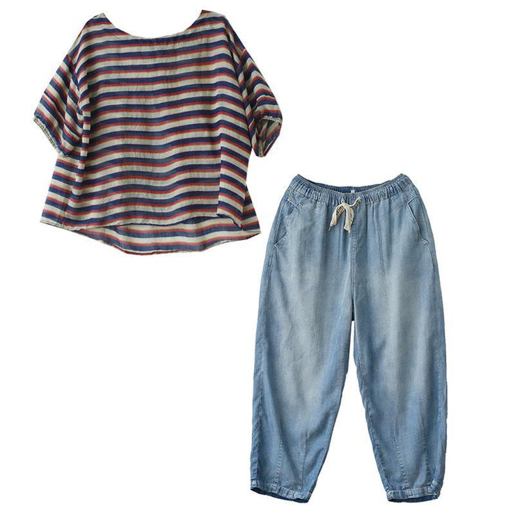New casual suit female loose large size red and blue striped T-shirt Tencel blue jeans two-piece suit - bagstylebliss