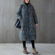 New casual winter jacket winter outwear blue print hooded drawstring coat - bagstylebliss