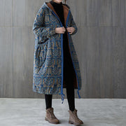 New casual winter jacket winter outwear blue print hooded drawstring coat - bagstylebliss