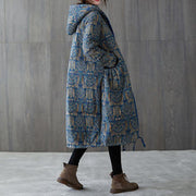 New casual winter jacket winter outwear blue print hooded drawstring coat - bagstylebliss