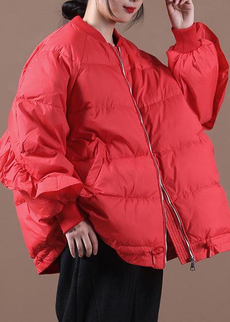 New casual womens parka Jackets red stand collar Ruffles warm winter coat - bagstylebliss