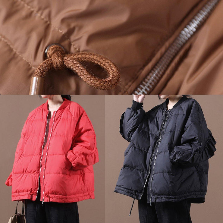 New casual womens parka Jackets red stand collar Ruffles warm winter coat - bagstylebliss