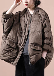 New chocolate down jacket woman oversize snow pockets zippered  coats - bagstylebliss