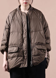 New chocolate down jacket woman oversize snow pockets zippered  coats - bagstylebliss