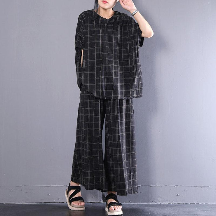 New cotton tops plus size Casual Short Sleeve Plaid Cotton Summer Suits