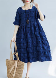 New dark blue cotton blended plus size clothing Square Collar pockets casual half sleeve large hem cotton blended dresses