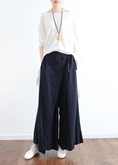 New dark blue ladies loose tie irregular wide leg cotton and linen pants - bagstylebliss