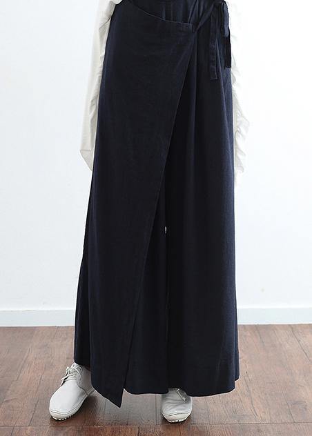 New dark blue ladies loose tie irregular wide leg cotton and linen pants - bagstylebliss