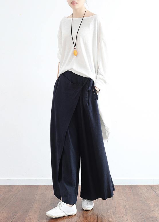 New dark blue ladies loose tie irregular wide leg cotton and linen pants - bagstylebliss