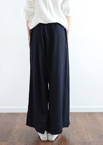 New dark blue ladies loose tie irregular wide leg cotton and linen pants - bagstylebliss