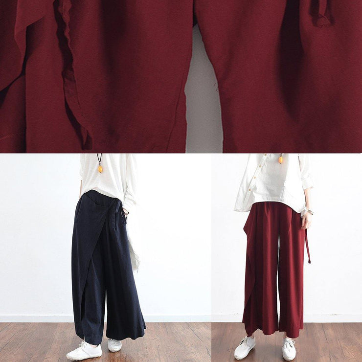 New dark blue ladies loose tie irregular wide leg cotton and linen pants - bagstylebliss