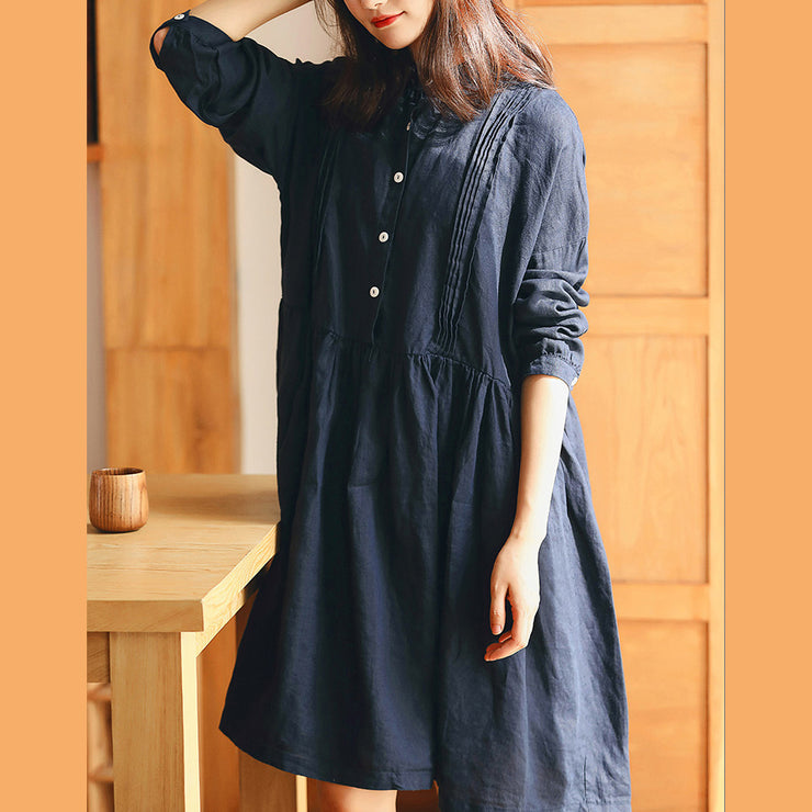 New dark blue linen knee dress plus size traveling dress vintage long sleeve baggy dresses Stand Cinched linen dresses