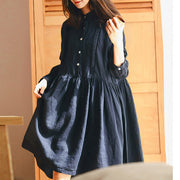 New dark blue linen knee dress plus size traveling dress vintage long sleeve baggy dresses Stand Cinched linen dresses